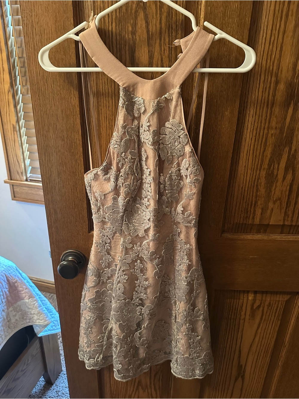 Dress the Population Blush Halter Lace Mini Dress